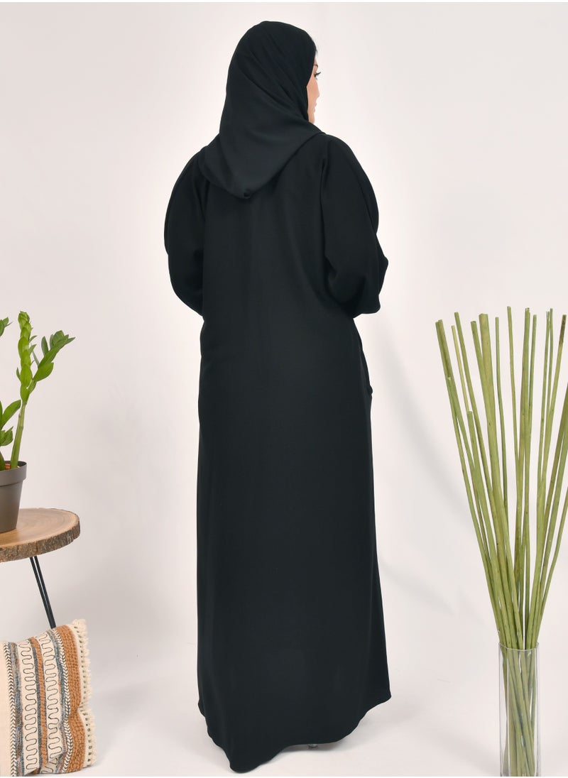 HAWRAA ABAYA - Plain black abaya with snap closure, ruffled sleeves and hidden pockets - Image 1