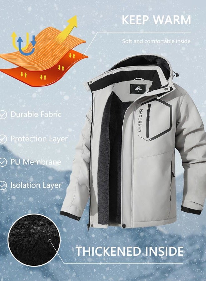 MAOYSSEN Men's Mountain Ski Jacket Winter Snow Coats Waterproof Warm Fleece Lining Jacket Parka with Hooded, Light Gray06, M - Image 3