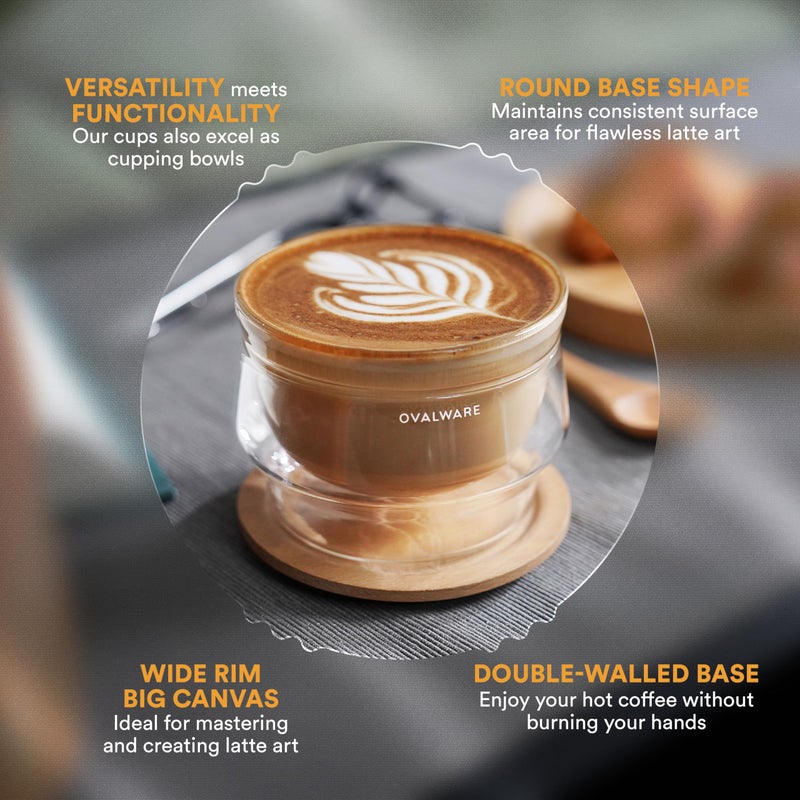 ovalware 8.5oz Double Wall Latte Cups, Latte Set of 2 - Double Wall Glasses for Cold & Hot Drink, Palm-Sized Cups with Wide Rim for Latte Art - Clear Design - Image 5