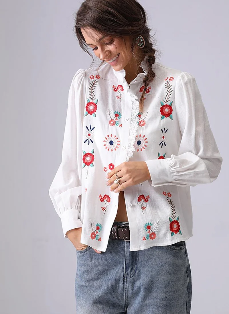 يونيكي Off white Band Collar Puff Sleeves Relaxed Fit Shirt