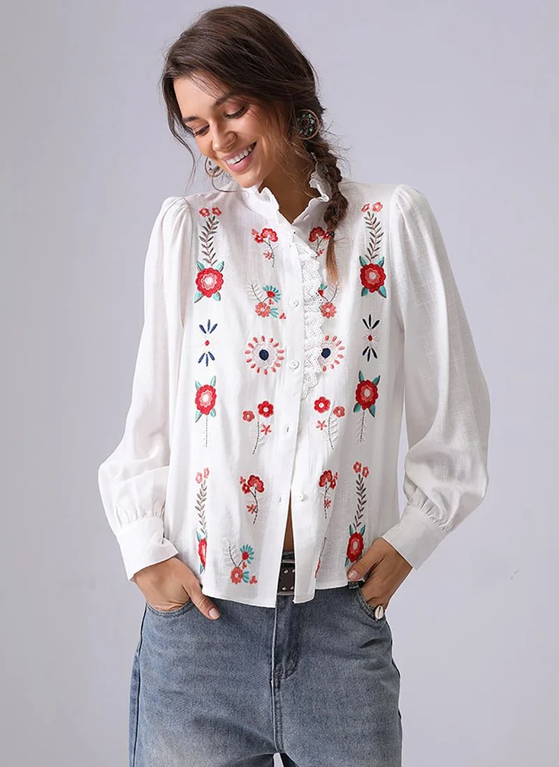 YUNIQEE Off white Band Collar Puff Sleeves Relaxed Fit Shirt