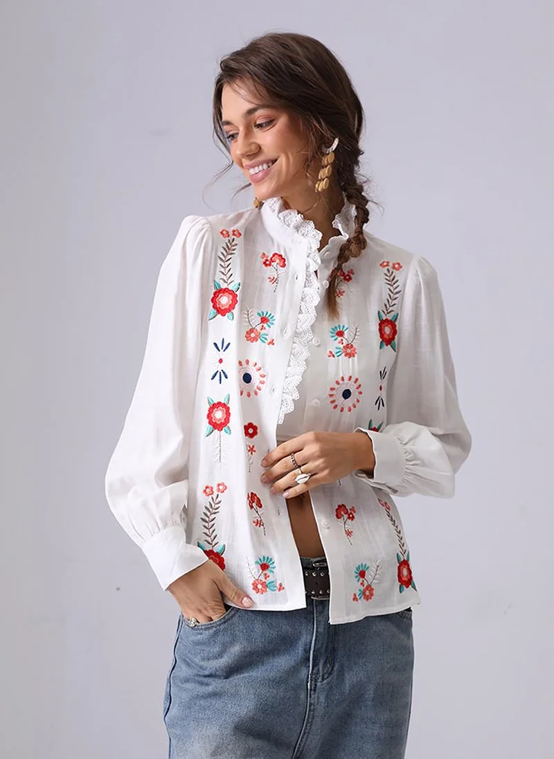 يونيكي Off white Band Collar Puff Sleeves Relaxed Fit Shirt