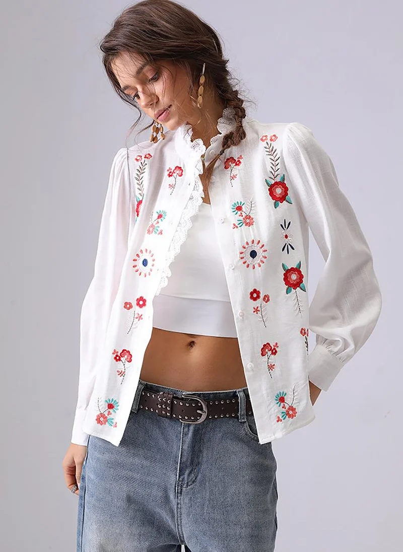 يونيكي Off white Band Collar Puff Sleeves Relaxed Fit Shirt