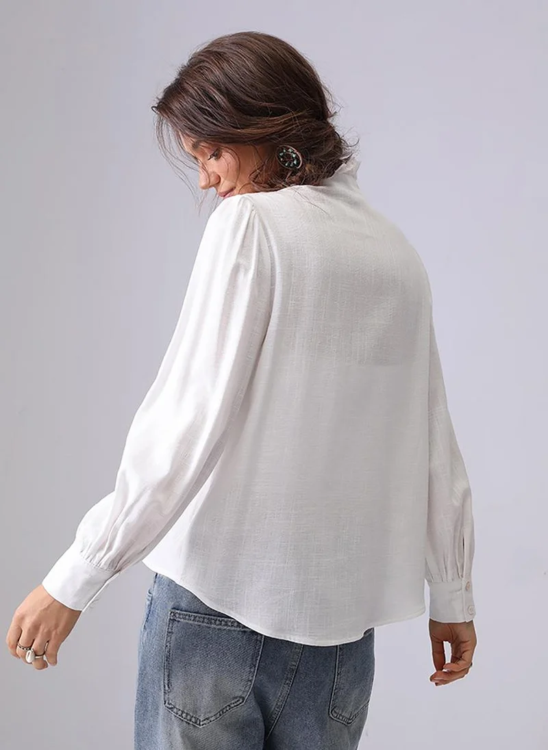 YUNIQEE Off white Band Collar Puff Sleeves Relaxed Fit Shirt
