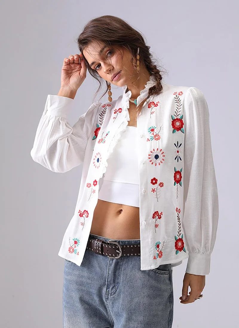 يونيكي Off white Band Collar Puff Sleeves Relaxed Fit Shirt