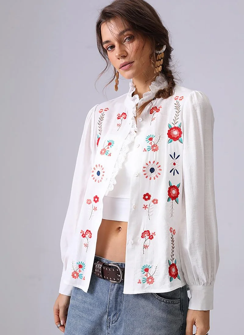 يونيكي Off white Band Collar Puff Sleeves Relaxed Fit Shirt