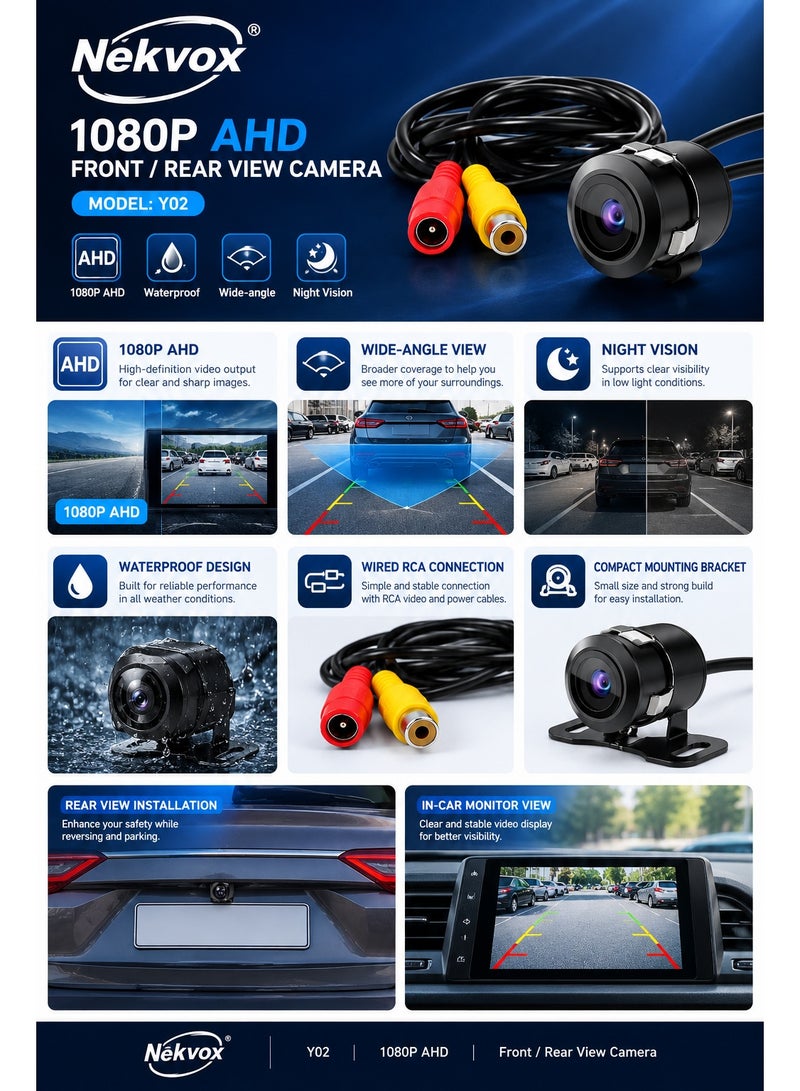 Nekvox Y02 1080P AHD Waterproof Front Rear View Car Camera with Wide Angle and Night Vision - Image 2