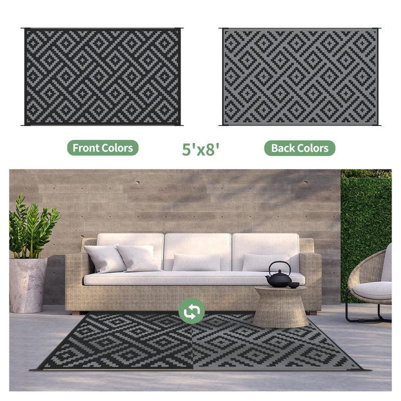 GENIMO Outdoor Rug for Patio Clearance,5'x8' Waterproof Mat,Reversible Plastic Camping Rugs,Rv,Porch,Deck,Camper,Balcony,Backyard,Black & Gray - Image 2