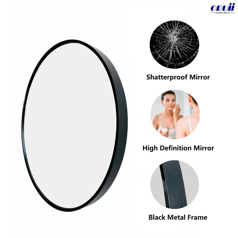 Oruii Round Mirror, Black Round Mirror 24 inch, Circle Wall Mirrors Metal Frame, Circular Mirrors for Wall, Living Room, Bathroom, Vanity, Entryway, Hallway. - Image 2