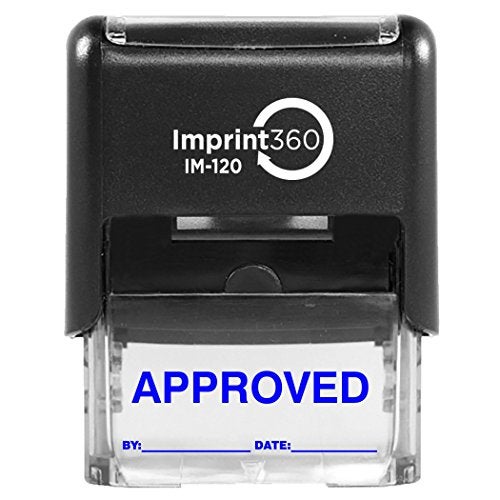 Supply360 AS-IMP1102B - Approved Stamp with by: & Date:, Blue Ink, Heavy Duty Commerical Self-Inking Rubber Stamp, 9/16" x 1-1/2" Impression - Image 1