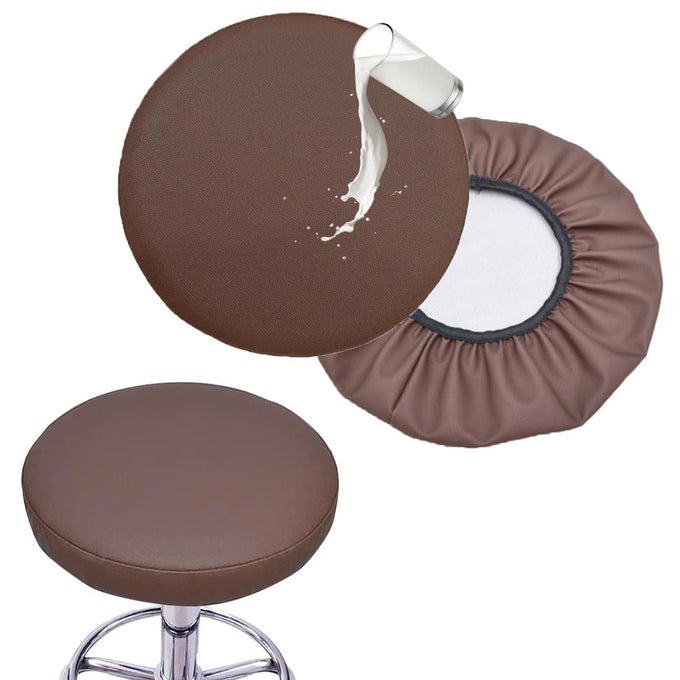 ROUND BAR STOOL COVERS SET OF 2 WATERPROOF PU FAUX LEATHER 16 INCH COFFEE