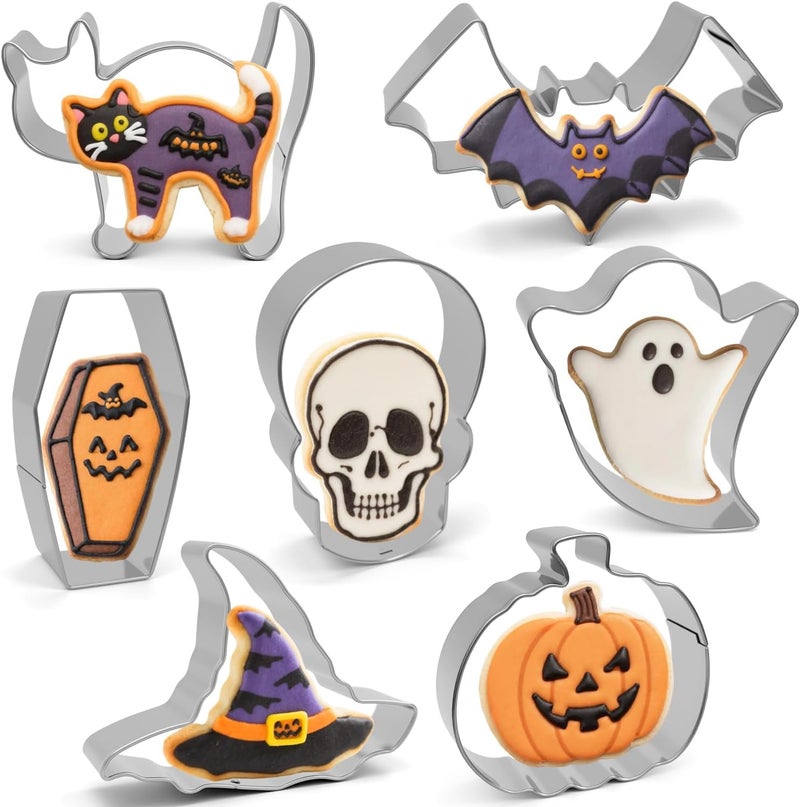 VTUGP Halloween Cookie Cutters Set 7 Pieces - Large Bat, Ghost, Pumpkin, Witch Hat, Cat, Skull, Coffin Shapes, Stainless Steel Biscuit Molds for Holiday Baking Halloween Food Party Decorations - Image 1