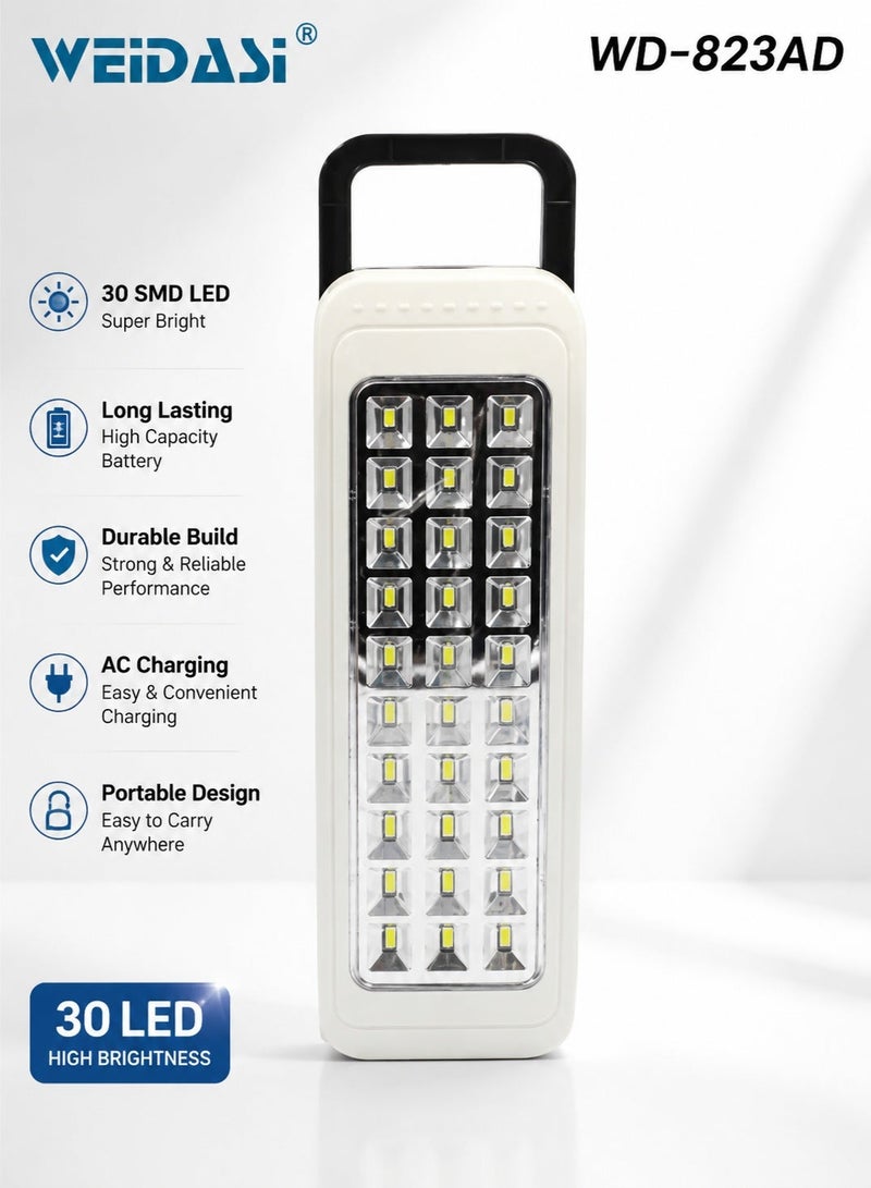 ويداسي مصباح طوارئ LED من WEIDASI WD-823AD، 30 مصباح LED قابل لإعادة الشحن، مزود بشاحن تيار متردد/مستمر، ومقبض قابل للسحب، وخطاف تثبيت على الحائط، ومستويات سطوع مزدوجة، للاستخدام في المنزل والمكتب والتخييم والجراج وانقطاع التيار الكهربائي والدراسة والاستخدام الخارجي. - Image 2