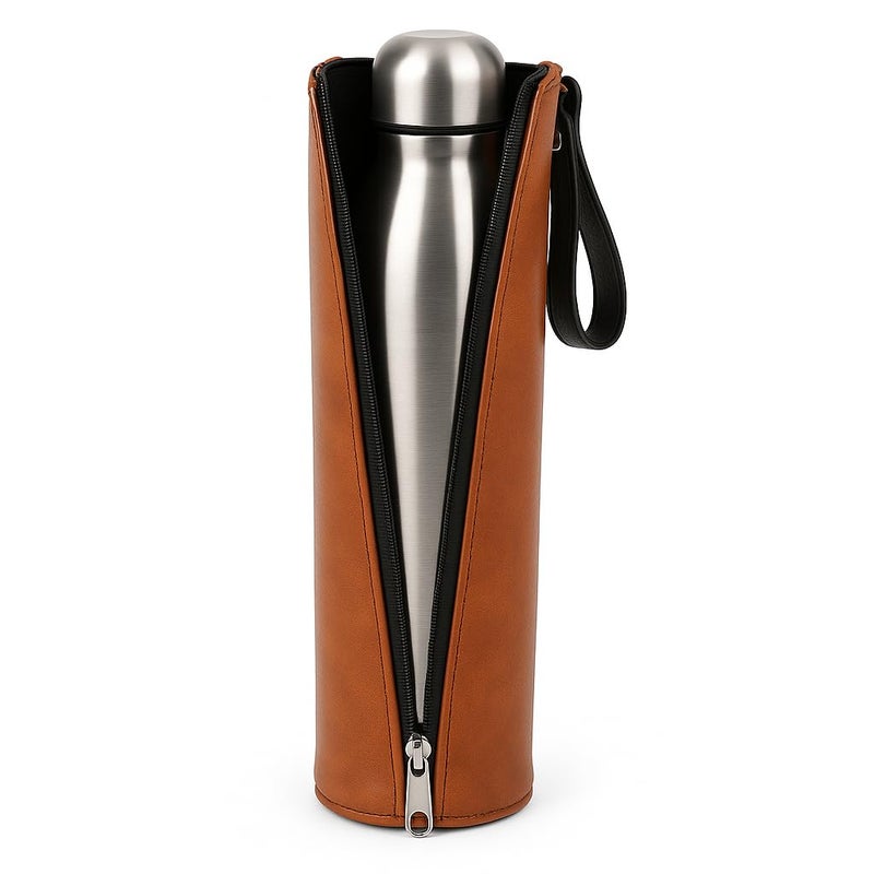 R TOUCH Leather @ Thermal Bottle Bag Keep Warm/Cold Cover with Hanging Strap-1000 ML, Brown - Image 1