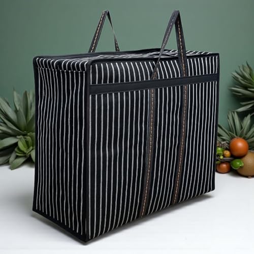 RIANZ® Heavy Duty Canvas Jumbo Storage Bag with Dual Zippers & Reinforced Handles | Multipurpose Collapsible Bag for Grocery Shopping, Clothes, Travel & Office Storage (Black - Pack of 1) - Image 1