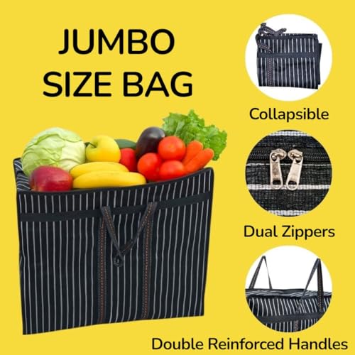 RIANZ® Heavy Duty Canvas Jumbo Storage Bag with Dual Zippers & Reinforced Handles | Multipurpose Collapsible Bag for Grocery Shopping, Clothes, Travel & Office Storage (Black - Pack of 1) - Image 2