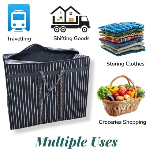 RIANZ® Heavy Duty Canvas Jumbo Storage Bag with Dual Zippers & Reinforced Handles | Multipurpose Collapsible Bag for Grocery Shopping, Clothes, Travel & Office Storage (Black - Pack of 1) - Image 3