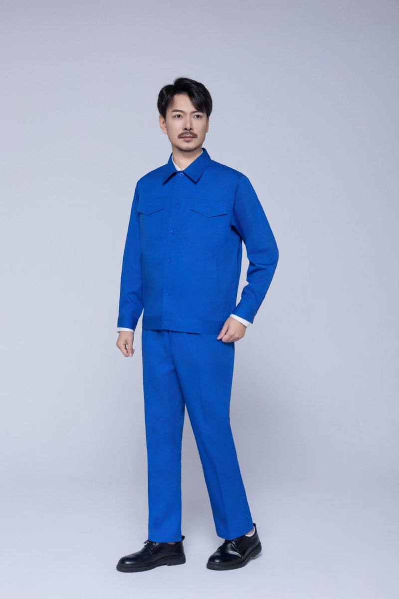 Summer Thin Cotton Long-sleeved suit Moisture Absorption and Sweat-wicking Comfortable Wear-resistant Labor Protection Tooling for Construction Site Electrician Welding Workshop Blue suit 