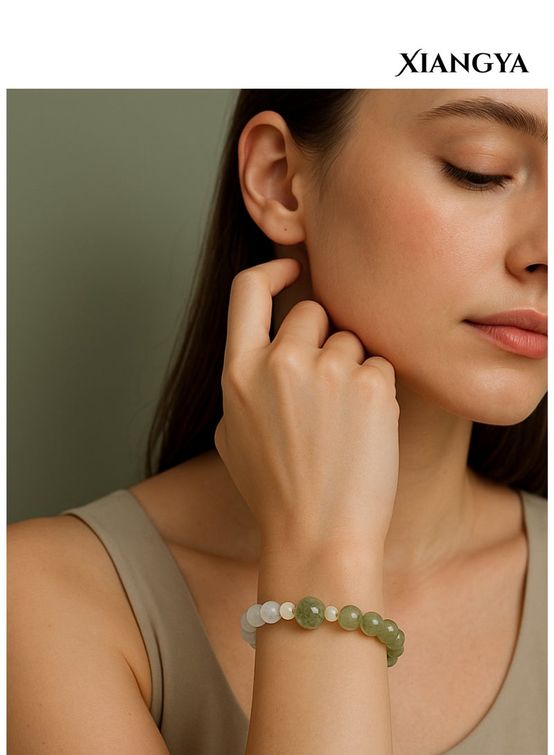 XIANGYA Beaded Bracelet For Ladies – White & Green Jadeite Glass Bracelet with Prehnite Center Bead | Cloud Meadow - Image 2