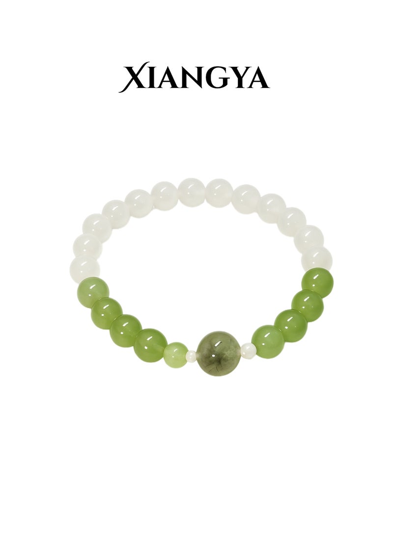 XIANGYA Beaded Bracelet For Ladies – White & Green Jadeite Glass Bracelet with Prehnite Center Bead | Cloud Meadow - Image 1