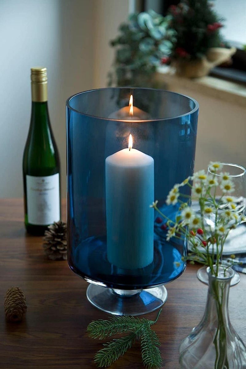 Large Candle Holder, Vertical Candle Holder, Flower Vase, Perfect as Wedding Centerpiece. Blue Large Glass Candle Holders
