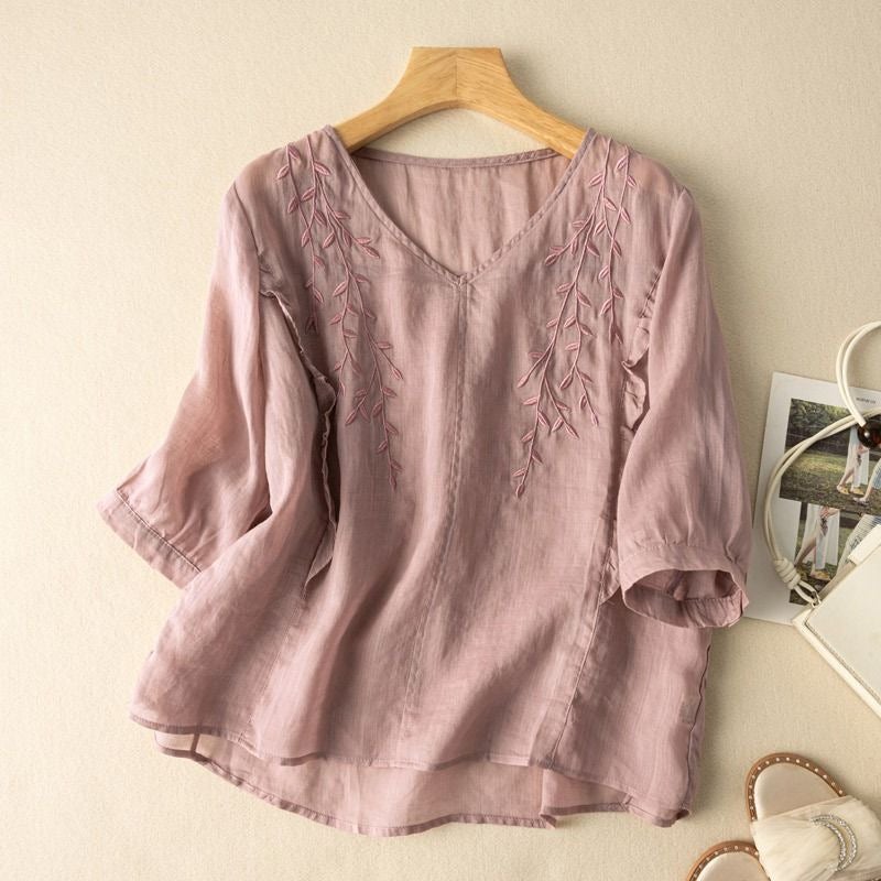 Style Cotton And Linen Artistic Retro Embroidered Top Loose Temperament T-Shirt Thin Loose Slimming Ethnic Style - Image 4