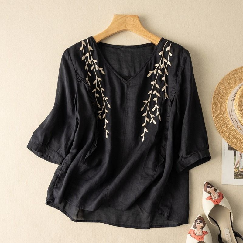 Style Cotton And Linen Artistic Retro Embroidered Top Loose Temperament T-Shirt Thin Loose Slimming Ethnic Style - Image 1