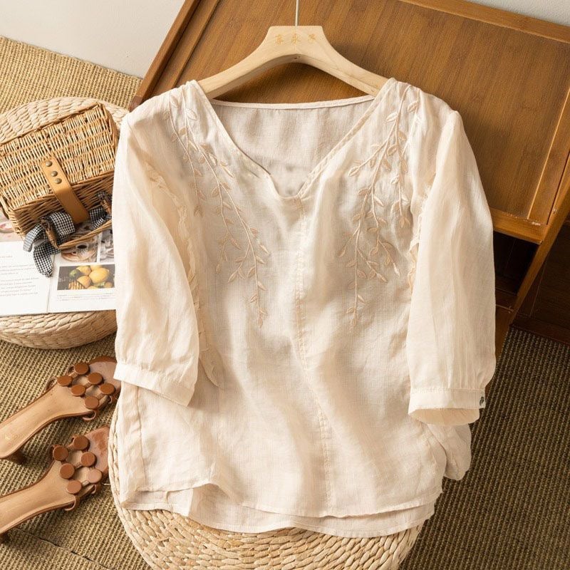 Style Cotton And Linen Artistic Retro Embroidered Top Loose Temperament T-Shirt Thin Loose Slimming Ethnic Style - Image 3
