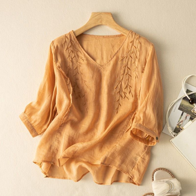 Style Cotton And Linen Artistic Retro Embroidered Top Loose Temperament T-Shirt Thin Loose Slimming Ethnic Style - Image 2