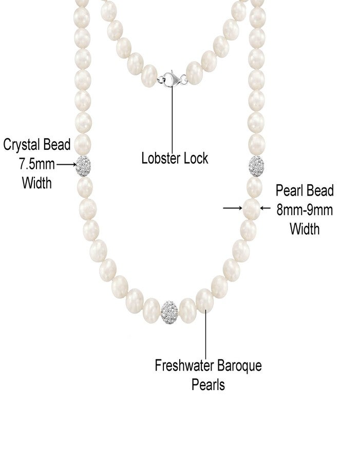 Savlano 8-9MM Cultured Freshwater Baroque Natural White Pearl Crystal Bead Necklace 17-inch, For Women Comes with Gift Box - Image 3