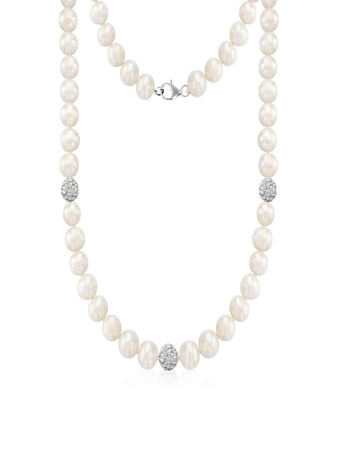 Savlano 8-9MM Cultured Freshwater Baroque Natural White Pearl Crystal Bead Necklace 17-inch, For Women Comes with Gift Box - Image 1