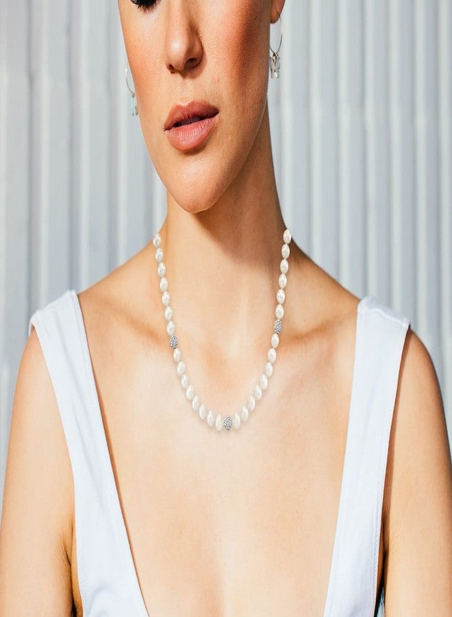 Savlano 8-9MM Cultured Freshwater Baroque Natural White Pearl Crystal Bead Necklace 17-inch, For Women Comes with Gift Box - Image 4