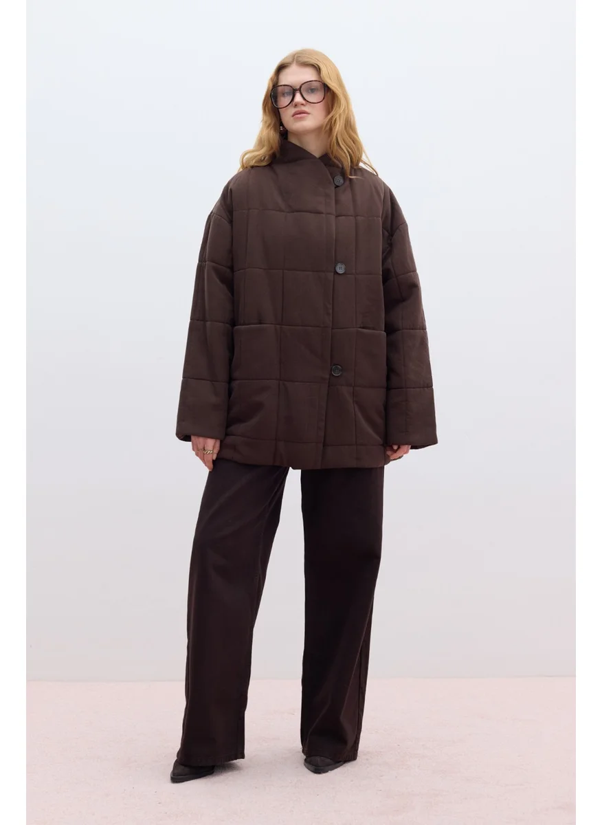 مانوكا High Collar Quilted Coat Brown