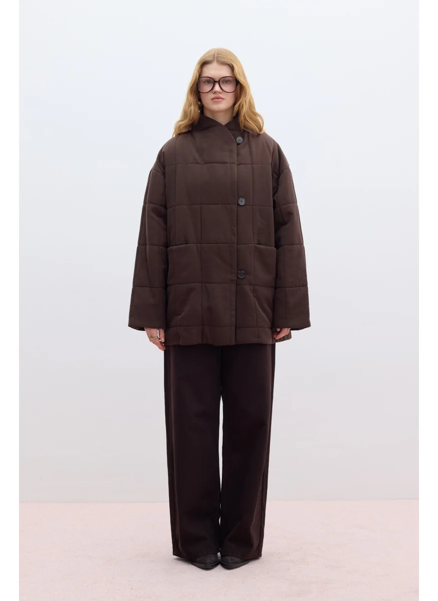 مانوكا High Collar Quilted Coat Brown