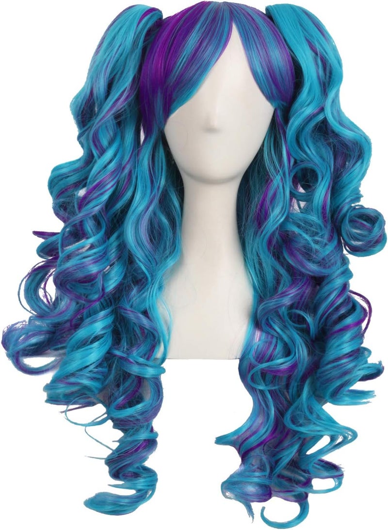 MapofBeauty Multicolor Lolita Long Curly Clip on Ponytails Cosplay Wig Dark PurpleCyan Blue