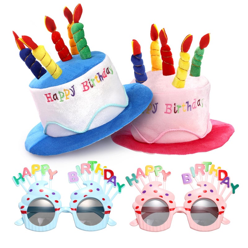 Okllen Birthday Hats Set of 2 for Adults Plush Cake Hats with Sunglasses Funny Party Novelty Hats for Birthday Party Favors Blue Pink - Image 3