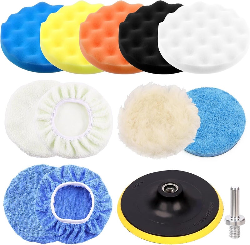 Glarks 12Pcs 7 Inch Car Buffing Polishing Pads Assortment Kit with Hook and Loop Backing Pad, Woolen Sponge Foam Polish Pads Wax Buffer Polisher for Drill Grinder (7 Inch) - Image 1