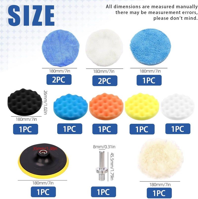 Glarks 12Pcs 7 Inch Car Buffing Polishing Pads Assortment Kit with Hook and Loop Backing Pad, Woolen Sponge Foam Polish Pads Wax Buffer Polisher for Drill Grinder (7 Inch) - Image 2