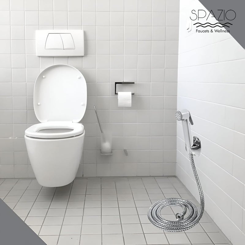 Spazio Opal Series Brass 2 Way Bib Cock Wall Mount Set of 1 Star Health Faucet SS 15m Tube for Bathroom Chrome Finish Silver Plated Twin Elbow Valve Faucet Wall Mount Installation Type - Image 5