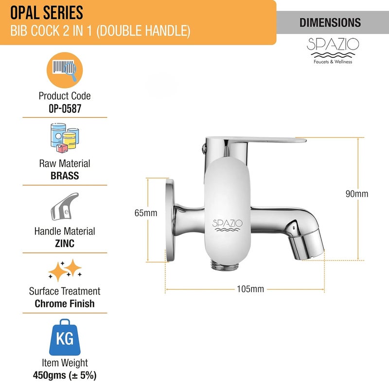 Spazio Opal Series Brass 2 Way Bib Cock Wall Mount Set of 1 Star Health Faucet SS 15m Tube for Bathroom Chrome Finish Silver Plated Twin Elbow Valve Faucet Wall Mount Installation Type - Image 2