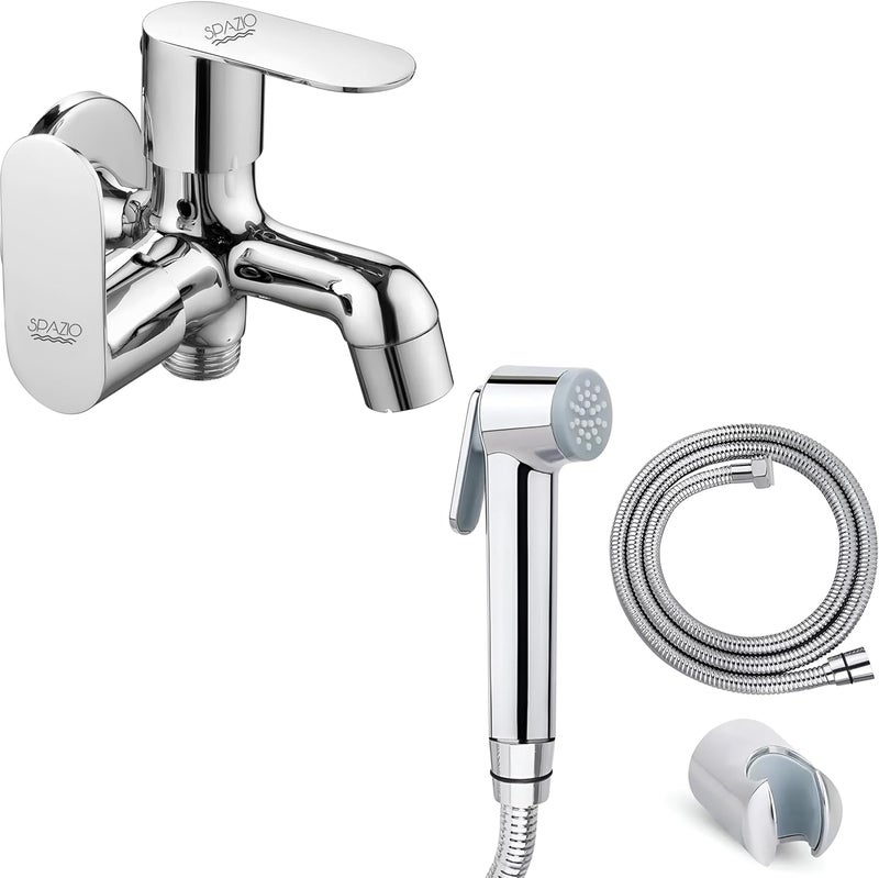 Spazio Opal Series Brass 2 Way Bib Cock Wall Mount Set of 1 Star Health Faucet SS 15m Tube for Bathroom Chrome Finish Silver Plated Twin Elbow Valve Faucet Wall Mount Installation Type - Image 1
