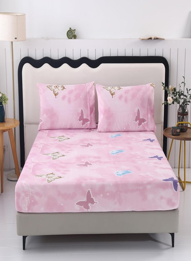 MAG 3Pcs Pink Fleece-Flannel Twin Butterfly Bedding Sheet Set,Microfiber Cute Colorful Fluffy Warm,Flannel Sheets Twin for Kids Girls Boys,Super Soft,1 Fitted Sheet and 2 Pillowcases Only. - Image 3