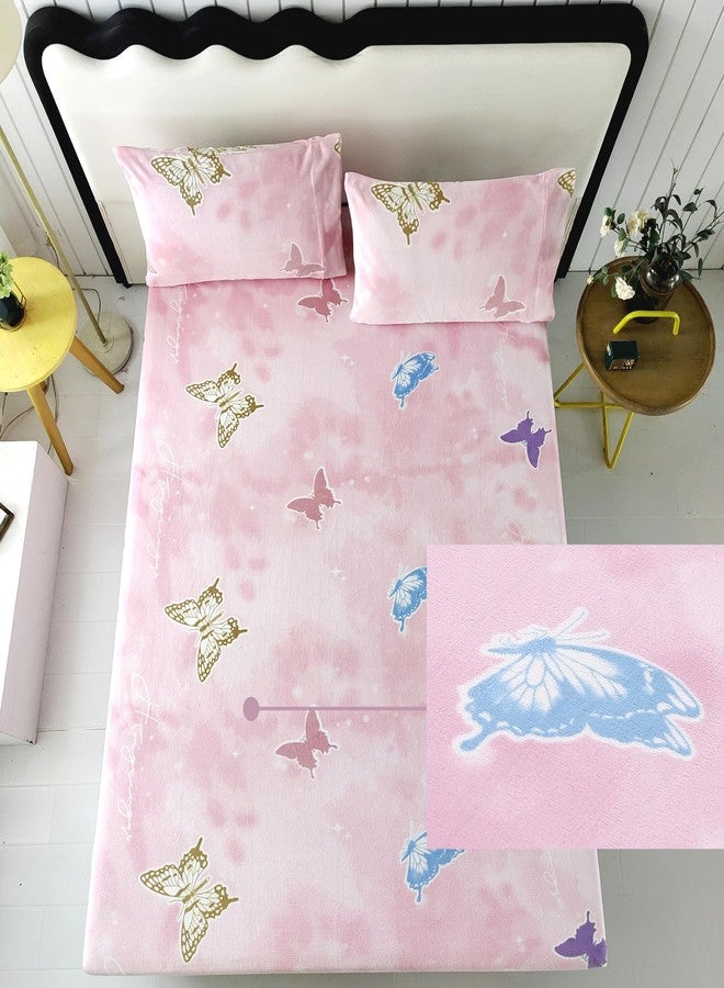 MAG 3Pcs Pink Fleece-Flannel Twin Butterfly Bedding Sheet Set,Microfiber Cute Colorful Fluffy Warm,Flannel Sheets Twin for Kids Girls Boys,Super Soft,1 Fitted Sheet and 2 Pillowcases Only. - Image 4