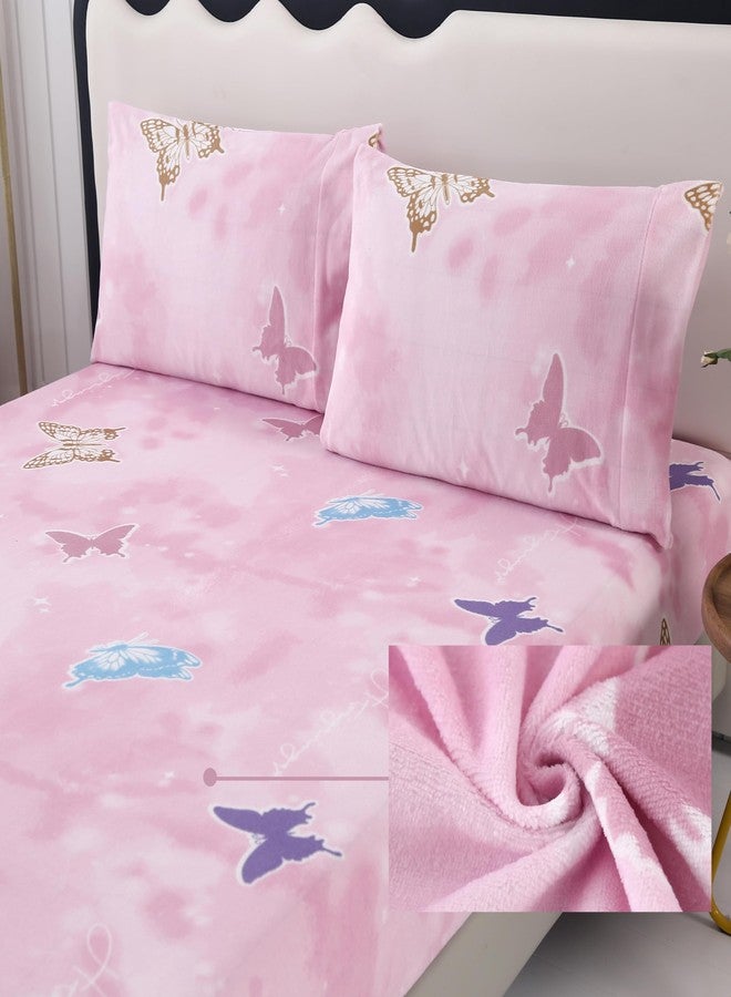 MAG 3Pcs Pink Fleece-Flannel Twin Butterfly Bedding Sheet Set,Microfiber Cute Colorful Fluffy Warm,Flannel Sheets Twin for Kids Girls Boys,Super Soft,1 Fitted Sheet and 2 Pillowcases Only. - Image 1