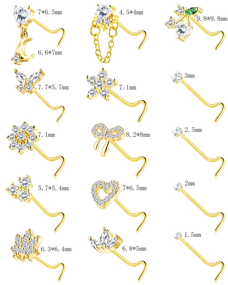 BSJ4U Nose Rings Corkscrew for Women Nose Piercings 20G Surgical Stainless Steel Gold Nose Studs Clear CZ Heart Butterfly Flower Cherry Bow Moon Dangle Nose Piercing Jewelry - Image 3