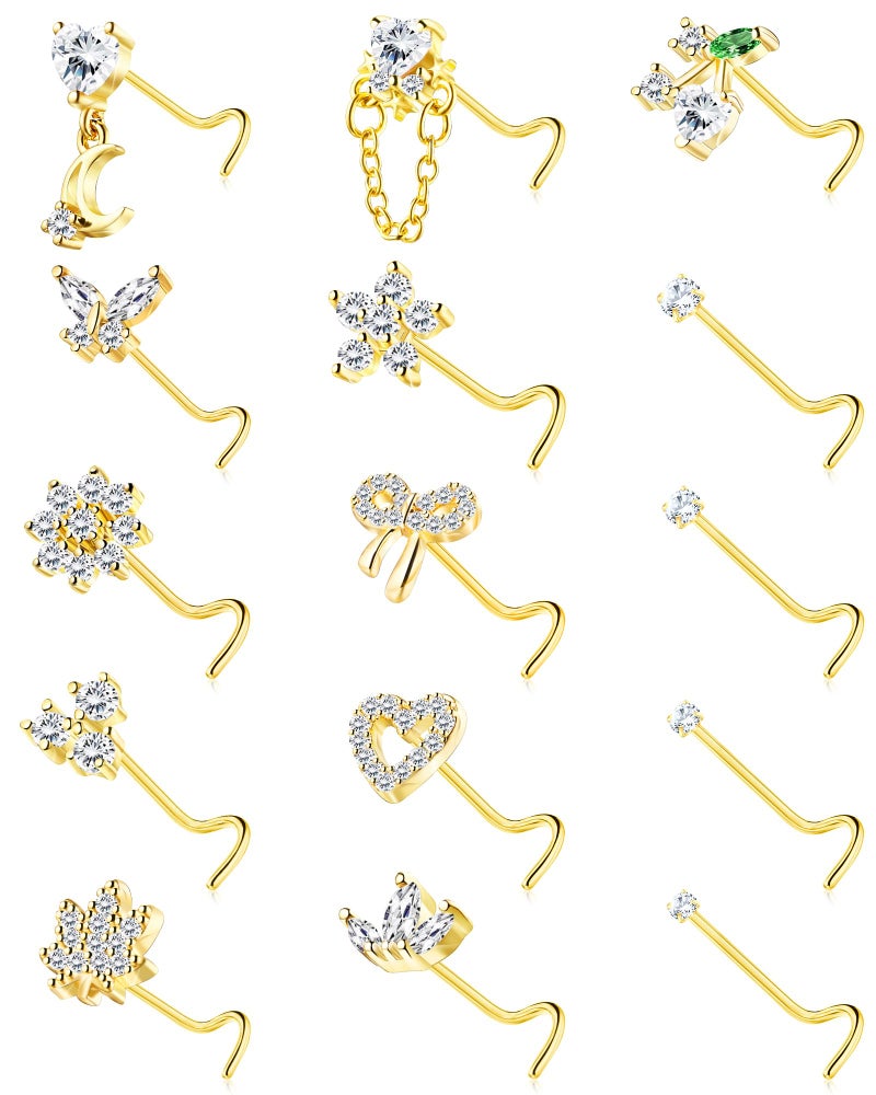 BSJ4U Nose Rings Corkscrew for Women Nose Piercings 20G Surgical Stainless Steel Gold Nose Studs Clear CZ Heart Butterfly Flower Cherry Bow Moon Dangle Nose Piercing Jewelry - Image 1