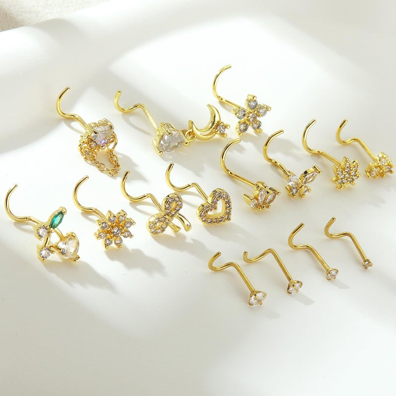 BSJ4U Nose Rings Corkscrew for Women Nose Piercings 20G Surgical Stainless Steel Gold Nose Studs Clear CZ Heart Butterfly Flower Cherry Bow Moon Dangle Nose Piercing Jewelry - Image 2