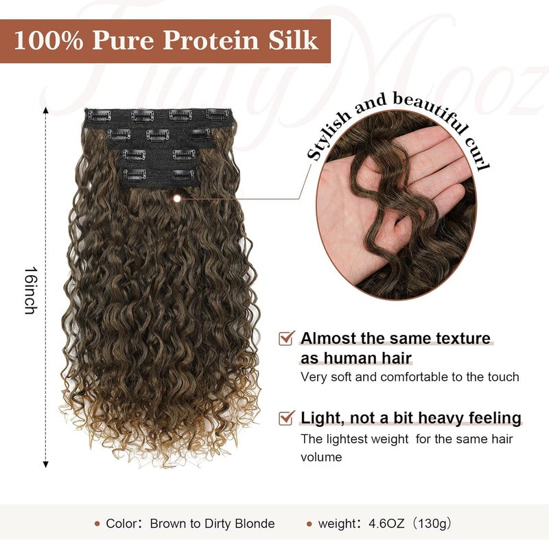 Flufymooz Clip in Hair Extensions, 4PC 100％ Pure Protein Silk Hair Extensions Long Soft Natural Hairpiece 16 Inch Curly Hair Extension for Women (Brown to Dirty Blonde) - Image 2