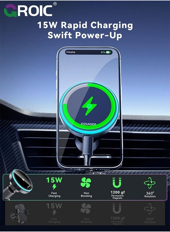 GROIC - MagSafe Car Mount Charger, 15W Magnetic Wireless for Air Vent/Dashboard Phone Holder iPhone 15 14 13 12 11 Pro Max Plus, Accessories - Image 1