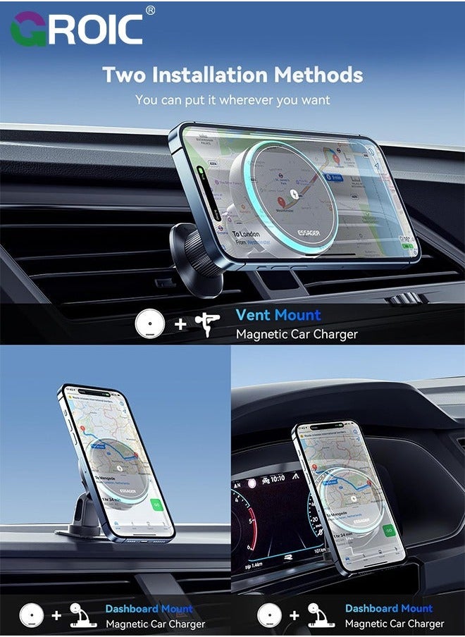 GROIC - MagSafe Car Mount Charger, 15W Magnetic Wireless for Air Vent/Dashboard Phone Holder iPhone 15 14 13 12 11 Pro Max Plus, Accessories - Image 1